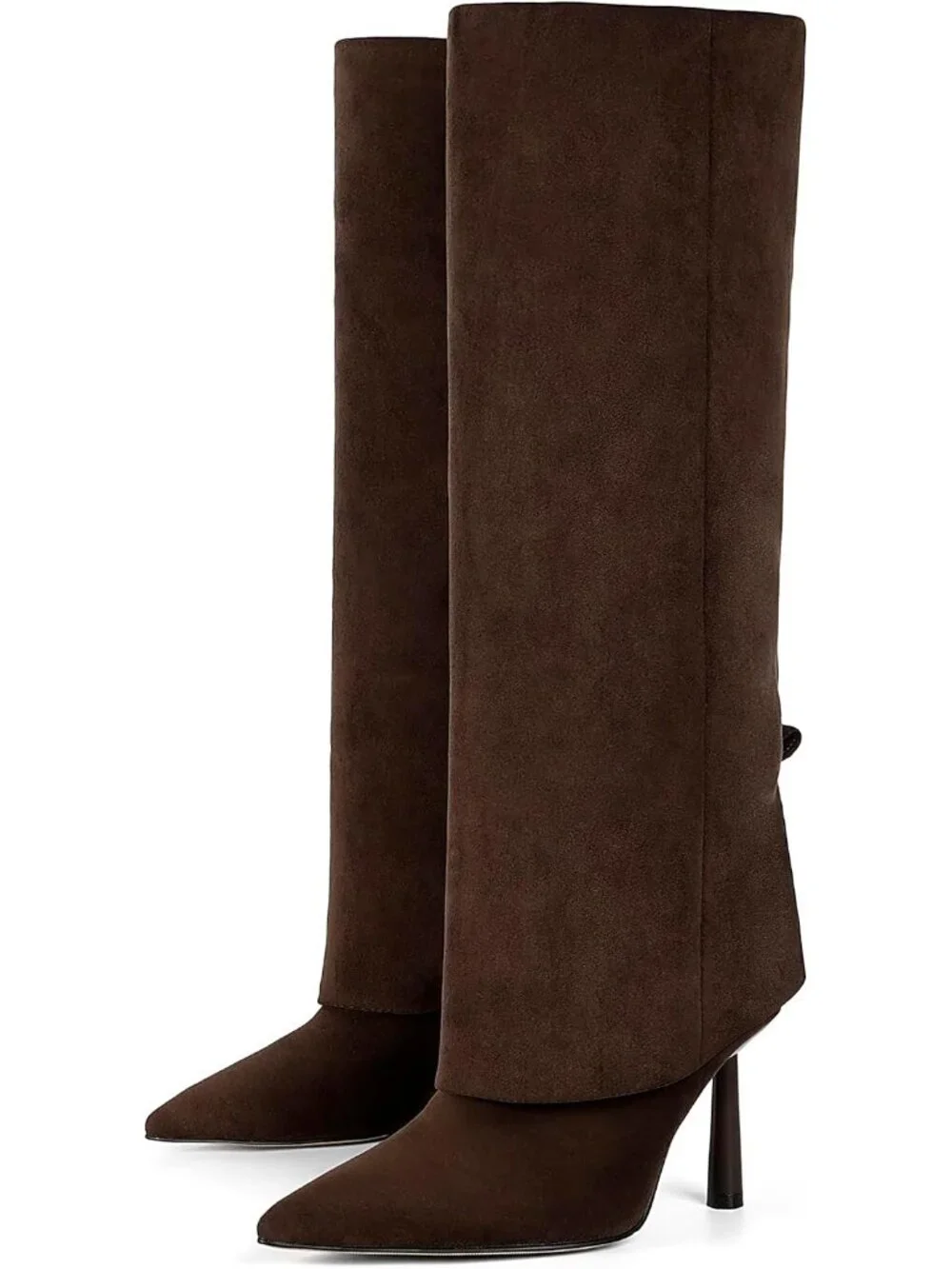 Women Suede Chocolate Stiletto Heel Pointed Toe Side Zipper Knee High Shark Boot